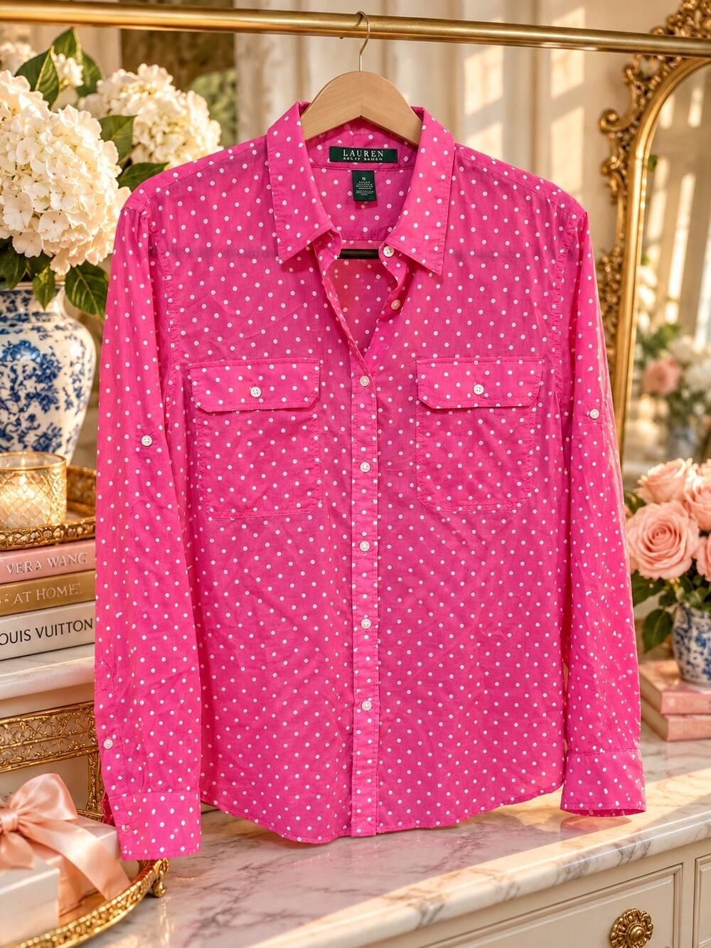 Lauren Ralph Lauren Pink White Polka Dot Button Down Shirt Women XL Cotton